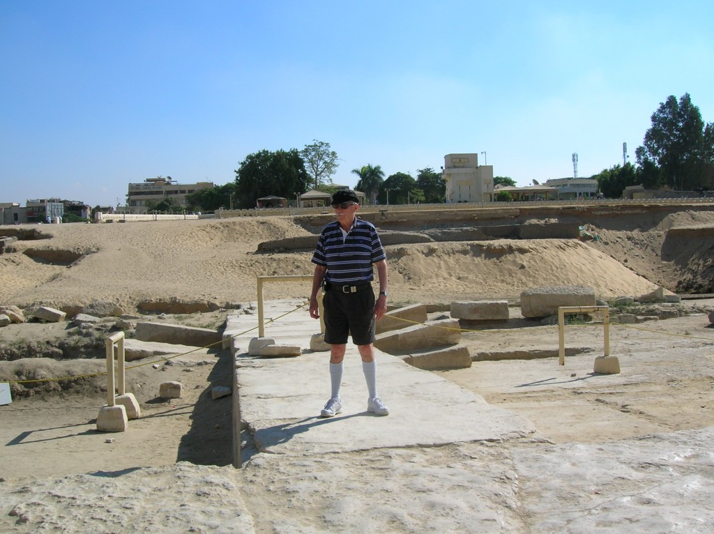 John Barrow standing on a  landing wharf where the Nile River once flowed past the temple entrance to the Sphinx